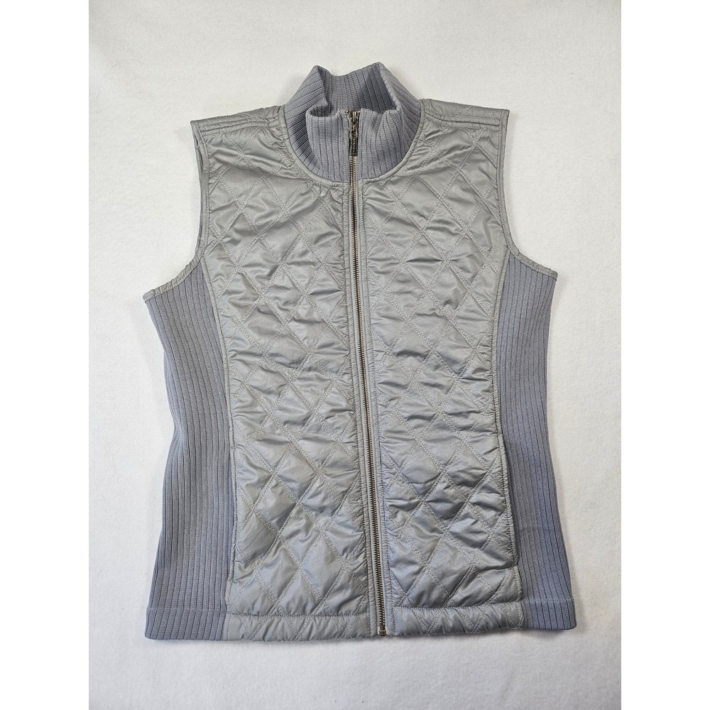 Prana Womens Quilted Vest Grey Silver Full Zip Sherpa Lined Ribbed Knit Large